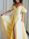 A-line Off-the-shoulder Satin Floor-length Prom Dresses With Split Front #Milly020112619