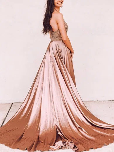 A-line Halter Silk-like Satin Sweep Train Prom Dresses With Beading #Milly020112626