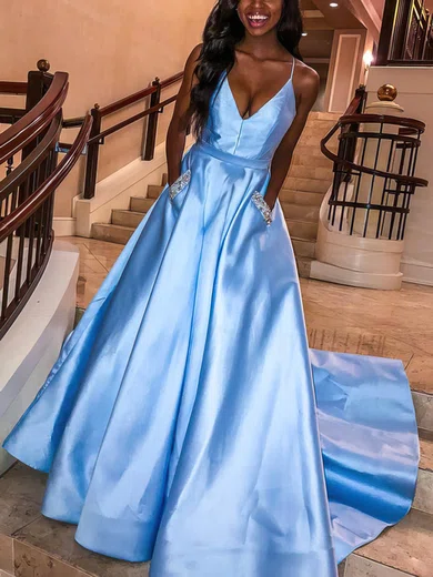 A-line V-neck Satin Sweep Train Prom Dresses With Pockets #Milly020112636