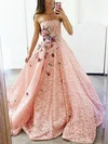 A-line Strapless Lace Sweep Train Prom Dresses With Flower(s) #Milly020112637