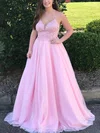 A-line V-neck Glitter Sweep Train Prom Dresses With Appliques Lace #Milly020112638