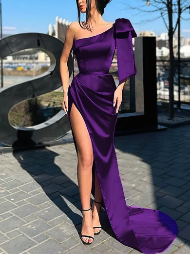 Sheath/Column One Shoulder Satin Prom Dresses With Ruched #Milly020112686