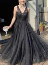 A-line V-neck Lace Tulle Sweep Train Prom Dresses With Appliques Lace #Milly020112693