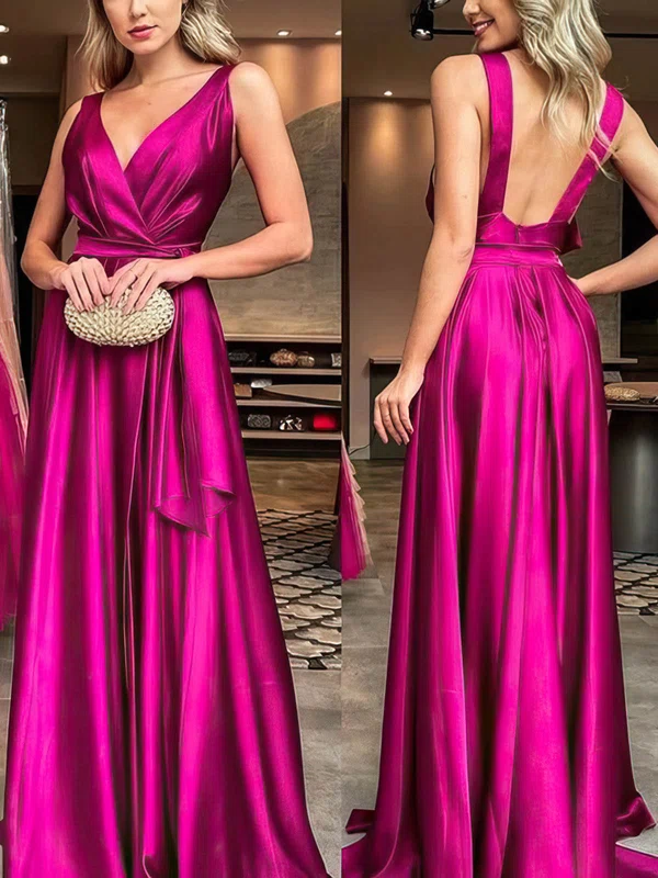 A-line V-neck Silk-like Satin Sweep Train Prom Dresses #Milly020112700