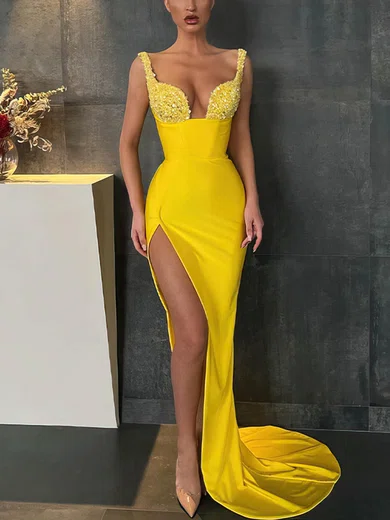 Sheath/Column V-neck Satin Prom Dresses With Beading #Milly020112709