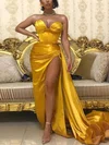 Sheath/Column V-neck Satin Sweep Train Prom Dresses With Split Front #Milly020112711