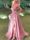 A-line Strapless Glitter Sweep Train Prom Dresses With Split Front #Milly020112714