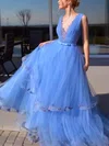 Ball Gown/Princess Sweep Train V-neck Tulle Lace Appliques Lace Prom Dresses #Milly020112718
