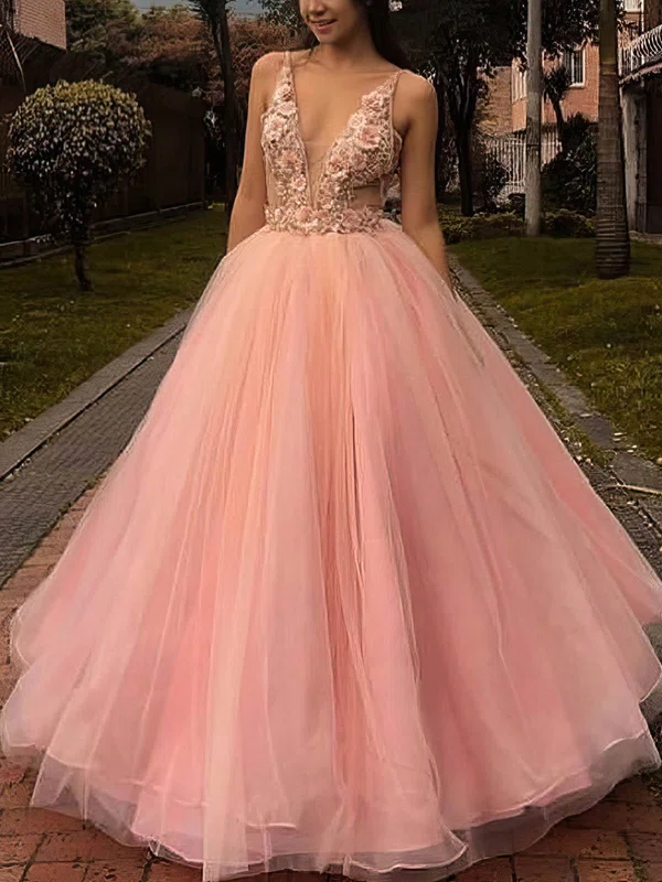 Princess V-neck Tulle Lace Floor-length Prom Dresses With Appliques Lace #Milly020112722