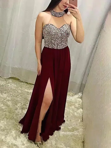A-line High Neck Chiffon Floor-length Prom Dresses With Split Front #Milly020112723