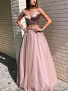 A-line V-neck Silk-like Satin Tulle Floor-length Prom Dresses With Sashes / Ribbons #Milly020112733