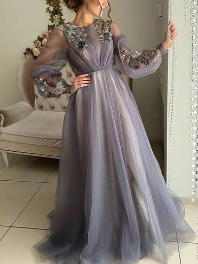 A-line Scoop Neck Tulle Floor-length Prom Dresses With Appliques Lace #Milly020112740