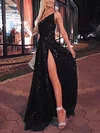A-line One Shoulder Sequined Floor-length Prom Dresses With Split Front #Milly020112746