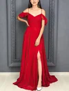 A-line Off-the-shoulder Chiffon Sweep Train Prom Dresses With Split Front #Milly020112750