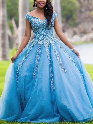 Ball Gown Off-the-shoulder Tulle Sweep Train Prom Dresses With Appliques Lace #Milly020112751