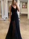 A-line V-neck Glitter Sweep Train Prom Dresses #Milly020112755