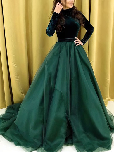Ball Gown High Neck Tulle Velvet Sweep Train Prom Dresses #Milly020112760