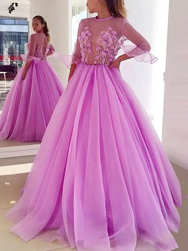 Ball Gown Scoop Neck Tulle Floor-length Prom Dresses With Appliques Lace #Milly020112762