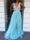 A-line V-neck Tulle Floor-length Prom Dresses With Appliques Lace #Milly020112770
