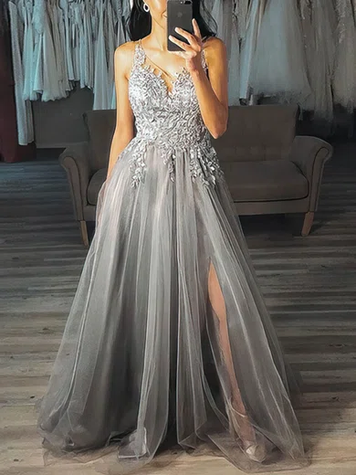 A-line V-neck Lace Tulle Sweep Train Prom Dresses With Split Front #Milly020112774