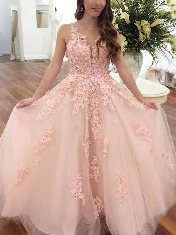 A-line V-neck Tulle Floor-length Prom Dresses With Appliques Lace #Milly020112778