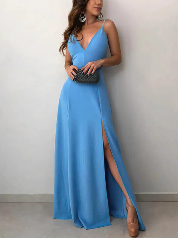 A-line V-neck Stretch Crepe Floor-length Prom Dresses With Split Front #Milly020112780