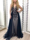 Sheath/Column V-neck Tulle Detachable Prom Dresses With Beading #Milly020112794