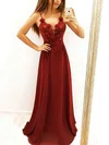A-line V-neck Chiffon Sweep Train Prom Dresses With Appliques Lace #Milly020112797