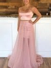 A-line Scoop Neck Satin Tulle Sweep Train Prom Dresses With Beading #Milly020112816