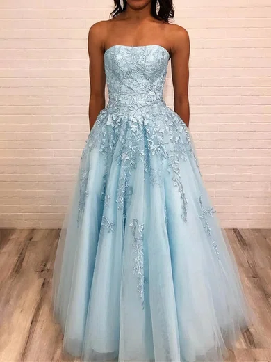 A-line Strapless Lace Tulle Floor-length Prom Dresses With Appliques Lace #Milly020112819