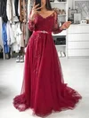 A-line V-neck Tulle Sweep Train Prom Dresses With Appliques Lace #Milly020112822