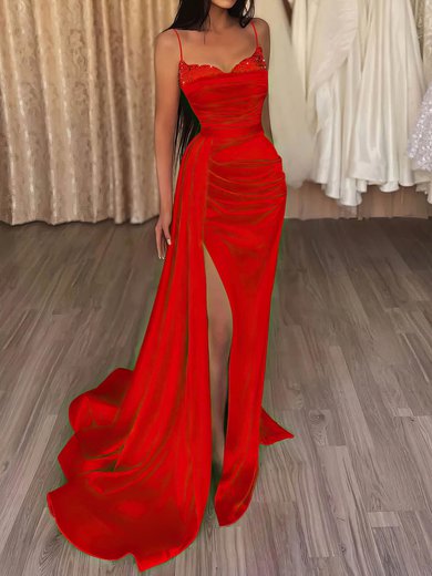 Sheath/Column Sweep Train V-neck Satin Beading Prom Dresses #Milly020112829