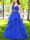 A-line V-neck Tulle Sweep Train Prom Dresses With Cascading Ruffles #Milly020112830