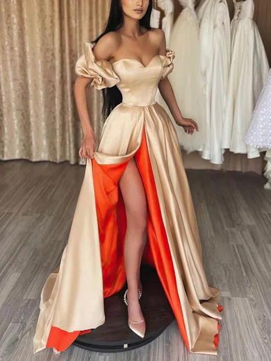 Ball Gown Off-the-shoulder Satin Prom Dresses With Split #Milly020112835