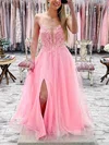 A-line V-neck Lace Tulle Glitter Sweep Train Prom Dresses With Split Front #Milly020112840