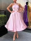 A-line Halter Satin Tea-length Prom Dresses With Bow #Milly020112853