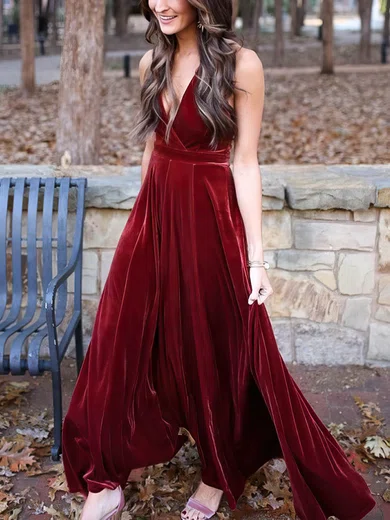 A-line Halter Velvet Floor-length Prom Dresses #Milly020112857
