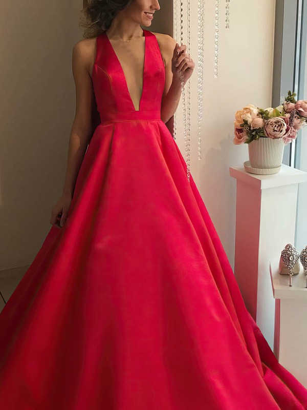 A Line V Neck Satin Sweep Train Prom Dresses 5087