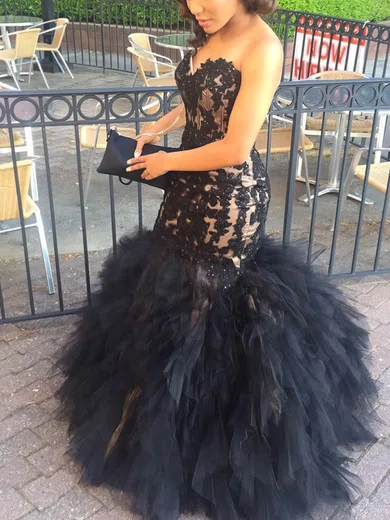 Trumpet/Mermaid Sweetheart Lace Tulle Sweep Train Prom Dresses With Appliques Lace #Milly020112866