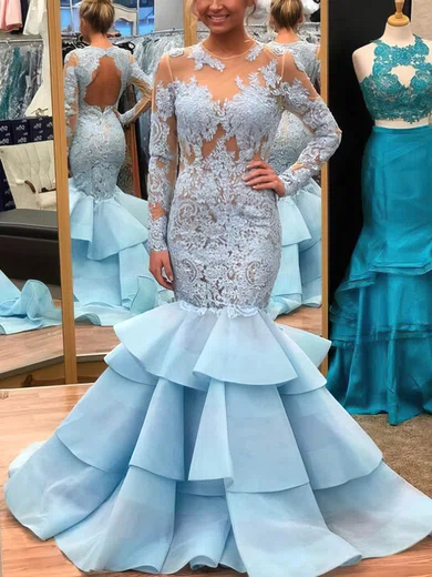 Trumpet/Mermaid Scoop Neck Lace Organza Sweep Train Prom Dresses With Appliques Lace #Milly020112876