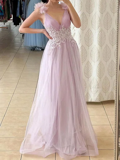 A-line V-neck Lace Tulle Floor-length Prom Dresses With Appliques Lace #Milly020112877