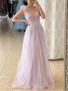A-line V-neck Lace Tulle Floor-length Prom Dresses With Appliques Lace #Milly020112877