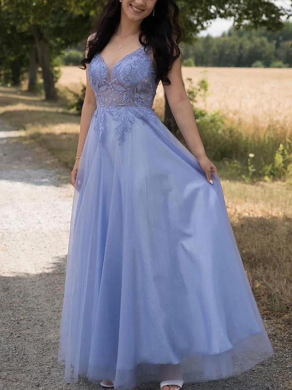 A-line V-neck Lace Tulle Floor-length Prom Dresses With Appliques Lace #Milly020112880
