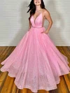 A-line V-neck Glitter Floor-length Prom Dresses With Pockets #Milly020112883