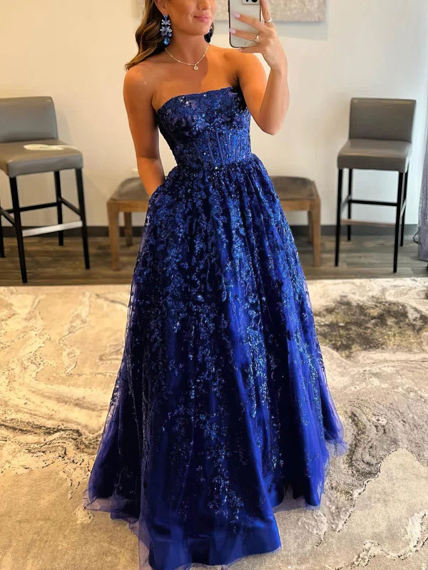 ball Gown/Princess Straight Lace Tulle Sweep Train Prom Dresses With Appliques Lace S020112887