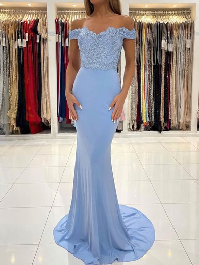Sheath/Column Sweep Train Off-the-shoulder Jersey Appliques Lace Prom Dresses #Milly020112888