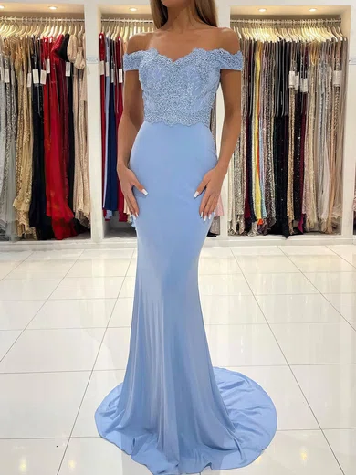Mermaid Off-the-shoulder Jersey Modest Prom Dresses With Appliques #Milly020112888