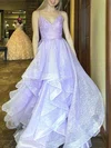 A-line V-neck Glitter Sweep Train Prom Dresses With Appliques Lace #Milly020112890
