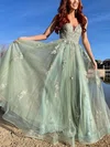 A-line V-neck Lace Tulle Sweep Train Prom Dresses With Appliques Lace #Milly020112891