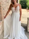 A-line V-neck Chiffon Sweep Train Prom Dresses With Appliques Lace #Milly020112892